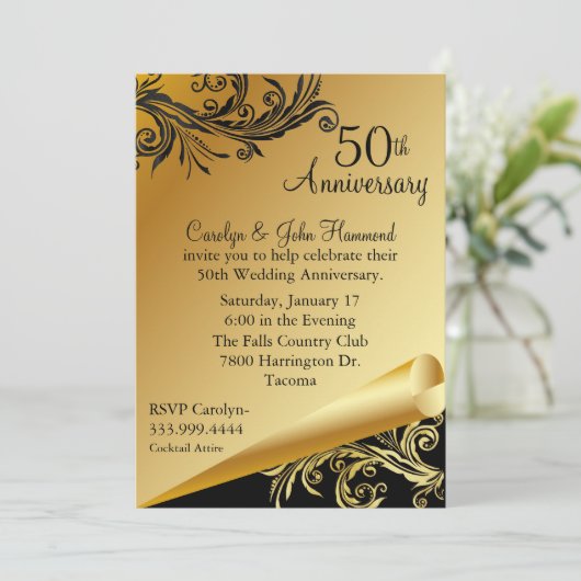 Black & Gold 50. Hochzeitsfeier Einladung (Stehend Vorderseite)