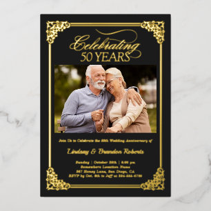 Black Gold 50-jähriges Foto zum Hochzeitstag Folieneinladung