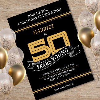Black & Gold 50 Years Young Banner 50. Geburtstag Einladung