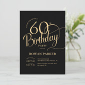 Black Gold 60th Birthday Elegant Script Einladung (Stehend Vorderseite)