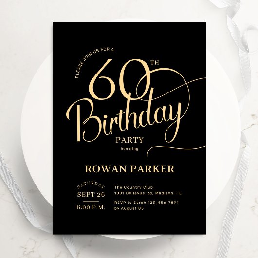 Black Gold 60th Birthday Elegant Script Einladung