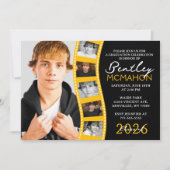 Black & Gold 6 Foto Filmstrip Abschluss Collage Einladung (Vorderseite)