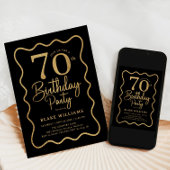 Black Gold 70th Birthday Wavy Border Einladung