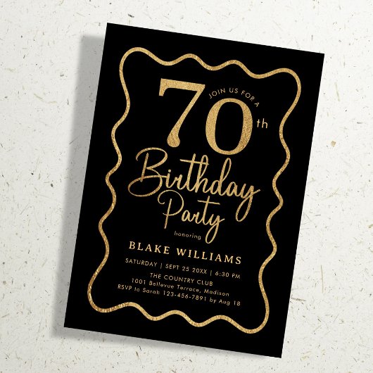 Black Gold 70th Birthday Wavy Border Einladung