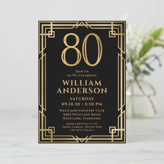 Black Gold 80. Geburtstag Foto Einladung (Stehend Vorderseite)