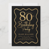 Black Gold 80th Birthday Wavy Border Einladung (Vorderseite)