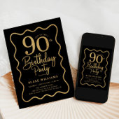 Black Gold 90th Birthday Wavy Border Einladung