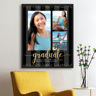 Black Gold Abschluss 3 Foto Glitzer Script Chic Poster