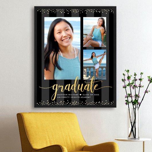 Black Gold Abschluss 3 Foto Glitzer Script Chic Poster