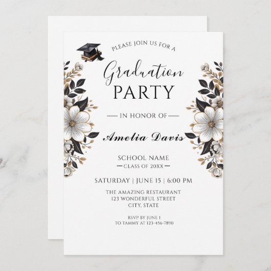 Black & Gold Abschluss - Einladung (Vorne/Hinten)