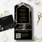 Black Gold Abstrakt Fluid Ink QR Code Hochzeit All In One Einladung