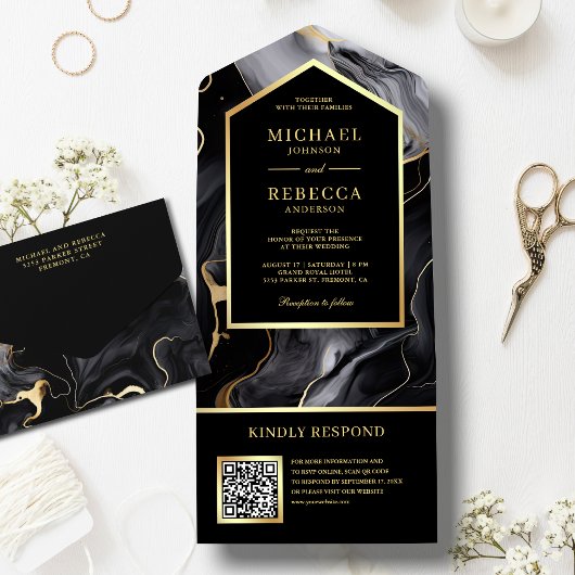 Black Gold Abstrakt Fluid Ink QR Code Hochzeit All In One Einladung