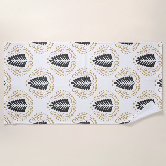 Black & Gold Abstrakt Paisley Leafs Muster Strandtuch (Vorderseite)