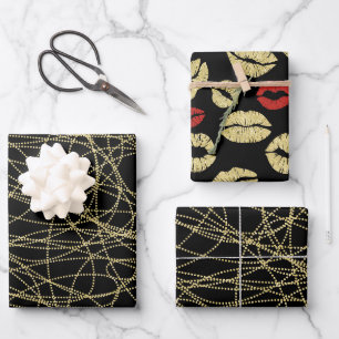 Black Gold Abstrakt Red Lips Brautparty Geschenkpapier Set