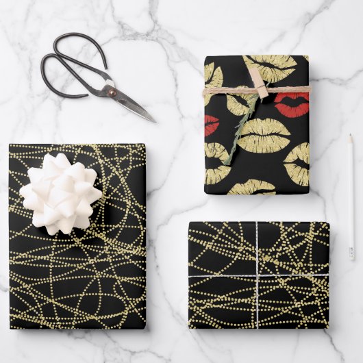 Black Gold Abstrakt Red Lips Brautparty Geschenkpapier Set (Vorderseite)