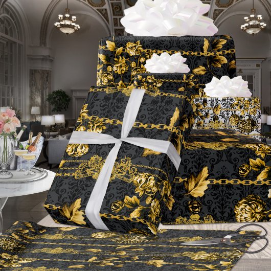Black & Gold Acanthus Leaf Gold Ketten Luxury Posh Geschenkpapier