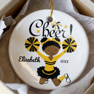 Black & Gold African American Cheerleader Ornament