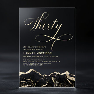 Black Gold Agate 30. Geburtstagsparty Acryleinladungen