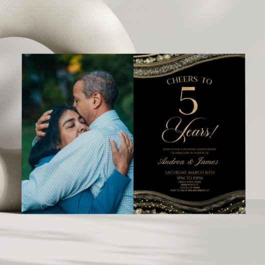 Black Gold Agate 5. Hochzeitstag Party Einladung