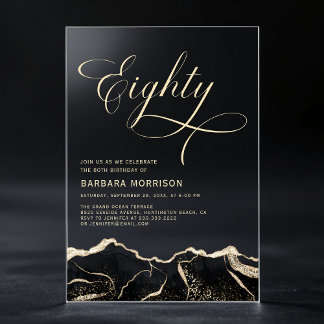 Black Gold Agate 80. Geburtstagsparty Acryleinladungen