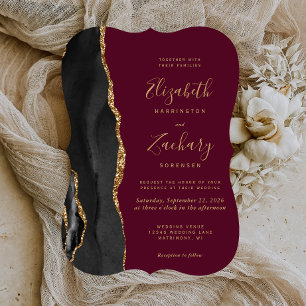 Black Gold Agate Burgundy Red Bracket Wedding Einladung