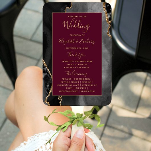 Black Gold Agate Burgundy Wedding Program Fächer