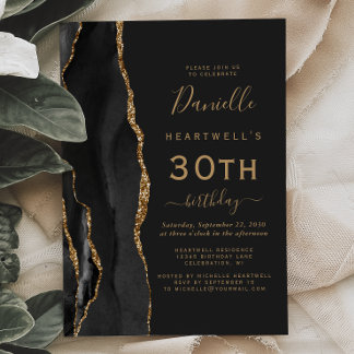 Black Gold Agate Dark 30. Geburtstag Party Einladung
