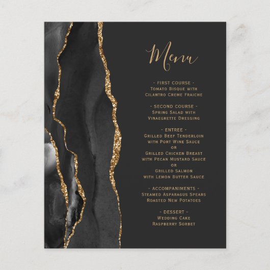 Black Gold Agate Dark Wedding Menü (Vorderseite)
