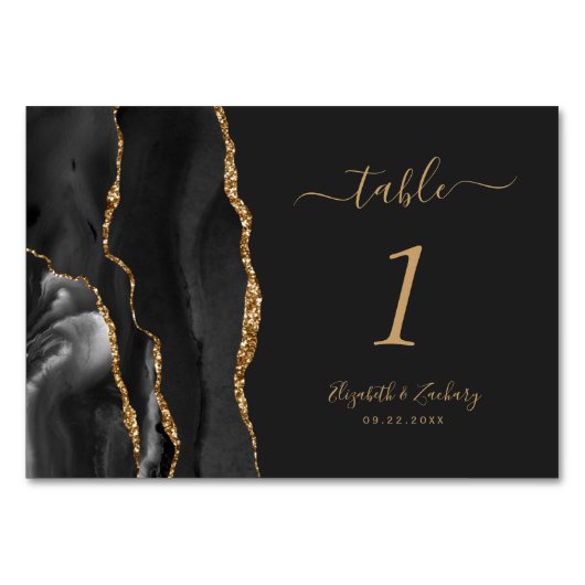 Black Gold Agate Dark Wedding Tischnummer (Vorderseite)