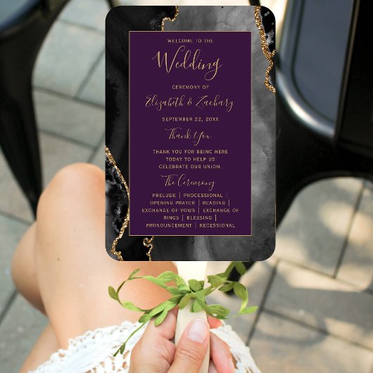 Black Gold Agate Deep Lila Wedding Program Fächer