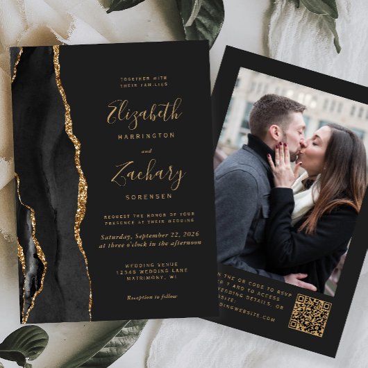 Black Gold Agate Dunkle Foto QR Code Hochzeit Einladung