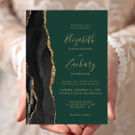 Black Gold Agate Emerald Green Wedding Einladung<br><div class="desc">Die links Seite dieses eleganten,  modernen Hochzeitseinladens besticht durch einen schwarzen Aquarellrahmen,  der mit vergoldetem Imitat bestickt ist. Der anpassbare Text kombiniert goldfarbene Handschrift,  Copperplate und kursiv Schriftart auf einem smaragdgrünen Hintergrund. Auf der Rückseite ist ein passendes schwarz-goldfarbenes Agerat-Design zu sehen.</div>