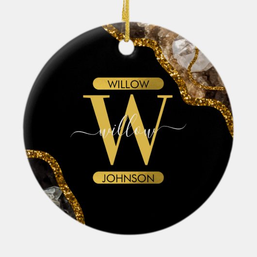 Black & Gold Agate Geode Glitter Monogram Marble Keramik Ornament (Hinten)