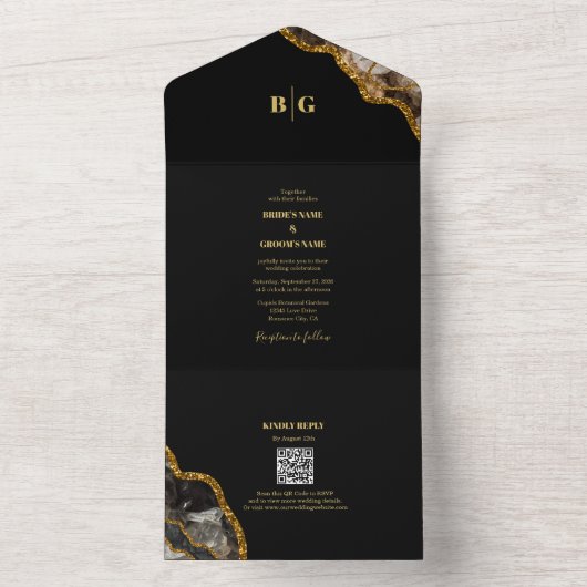 Black & Gold Agate Geode Glitzer Hochzeit All In One Einladung (Innen Boden)