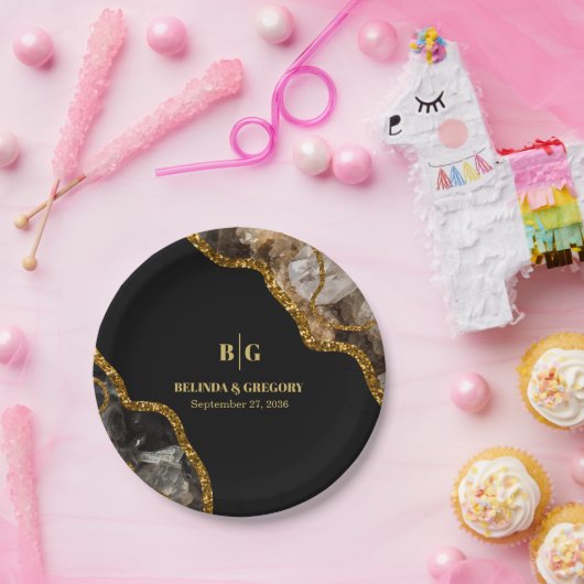 Black & Gold Agate Geode Glitzer Hochzeit Pappteller (Party)