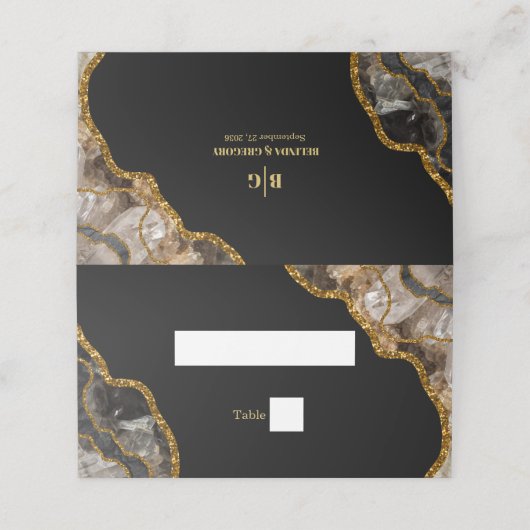 Black & Gold Agate Geode Glitzer Hochzeit Platzkarte (Außenseite Aufgefaltet)