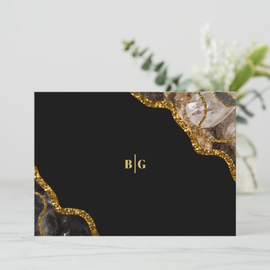 Black & Gold Agate Geode Glitzer Hochzeit Save The Date (Stehend Vorderseite)