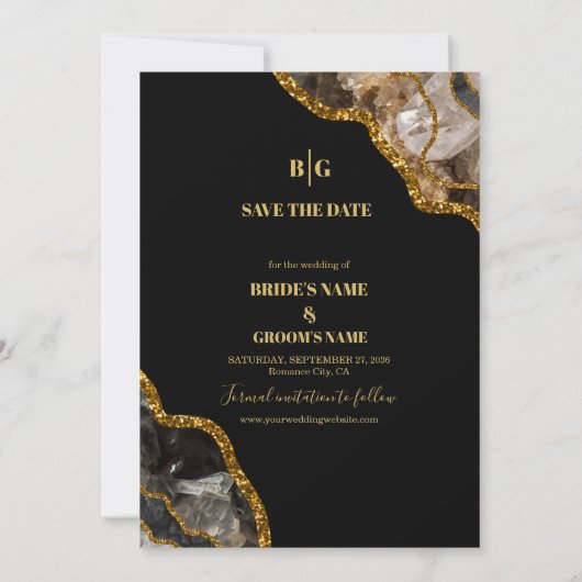 Black & Gold Agate Geode Glitzer Hochzeit Save The Date (Rückseite)