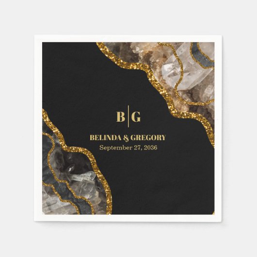 Black & Gold Agate Geode Glitzer Hochzeit Serviette (Vorderseite)