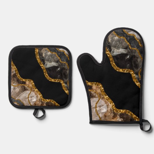 Black & Gold Agate Geode Glitzer Ofenhandschuh & Topflappen-Set (Vorderseite)