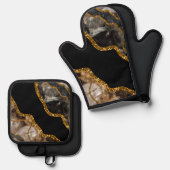 Black & Gold Agate Geode Glitzer Ofenhandschuh & Topflappen-Set (Vorderseite/Rückseite)