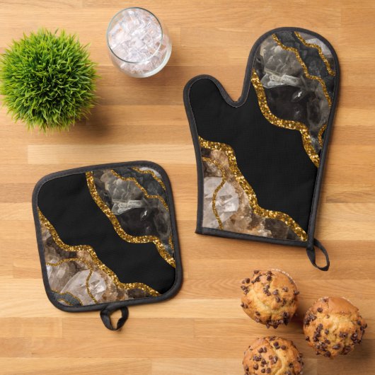 Black & Gold Agate Geode Glitzer Ofenhandschuh & Topflappen-Set (Oben Unten)