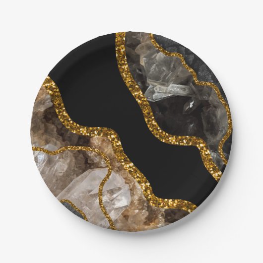Black & Gold Agate Geode Glitzer Pappteller (Vorderseite)