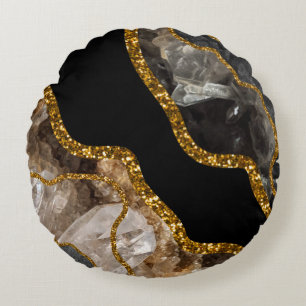 Black & Gold Agate Geode Glitzer Rundes Kissen