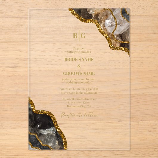 Black & Gold Agate Geode Glitzer Wedding Clear Acryleinladungen (Vorderseite)