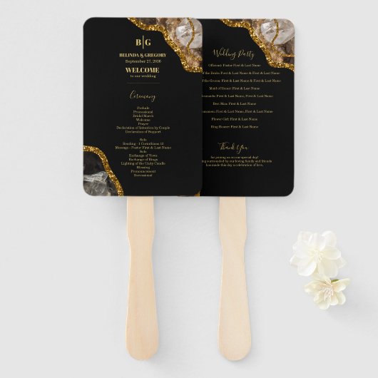 Black & Gold Agate Geode Glitzer Wedding Program Fächer (Vorne und Hinten)