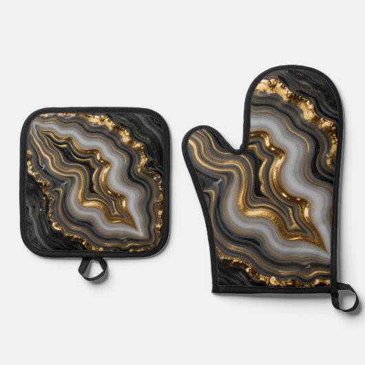 Black Gold Agate Geode Luxury Marble Ofenhandschuh & Topflappen-Set (Vorderseite)