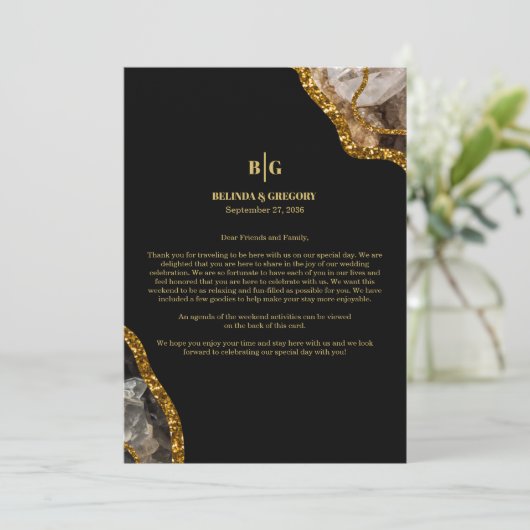 Black & Gold Agate Geode Wedding Willkommensreise Programm (Stehend Vorderseite)