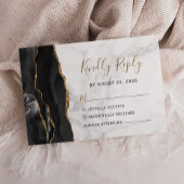 Black Gold Agate Gray Marble Wedding RSVP Karte