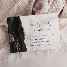 Black Gold Agate Gray Marble Wedding RSVP Karte
